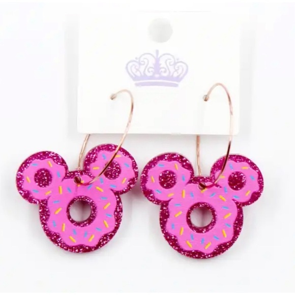 Large Pink glitter donut Minnie Mouse earrings on hoops, brand NEW - Picture 1 of 2